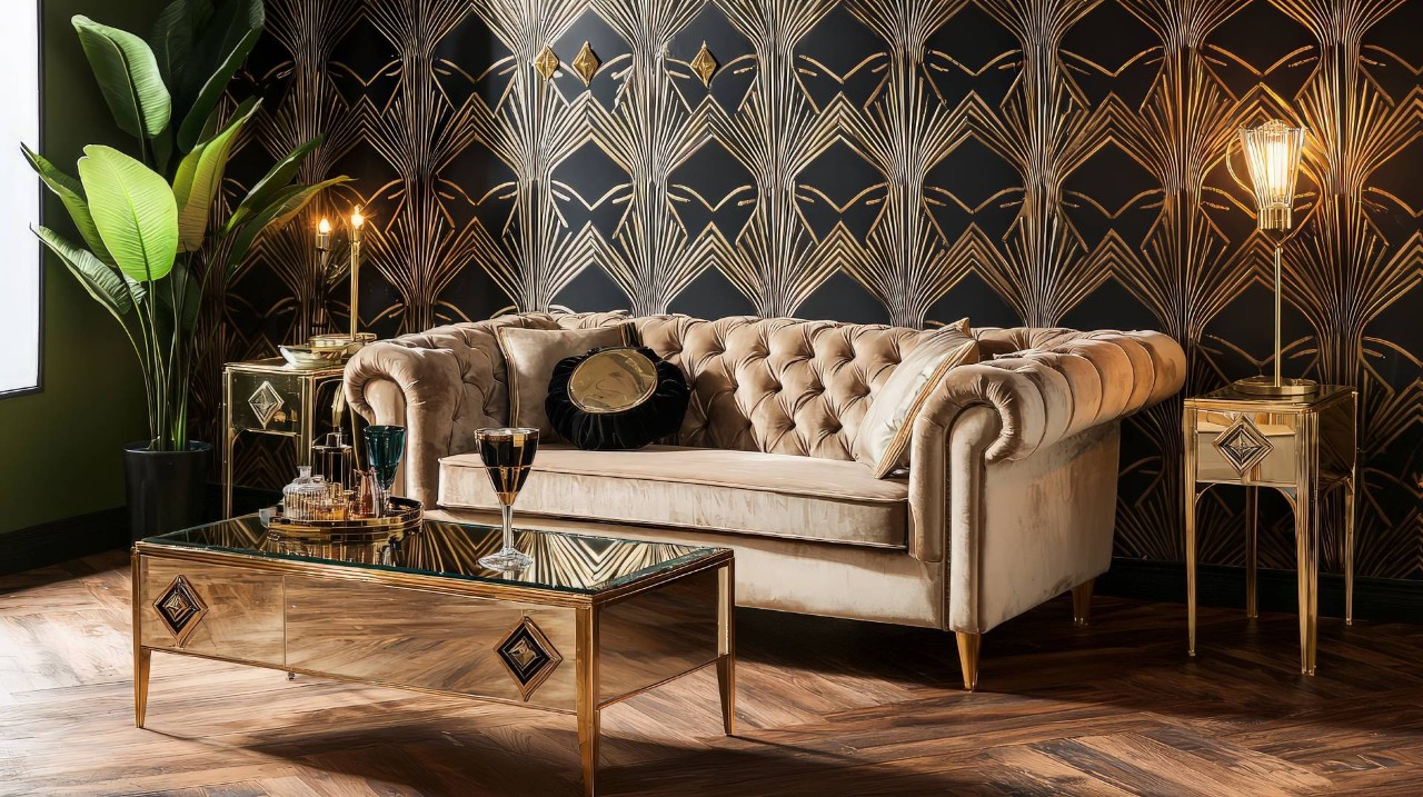 An Art Deco living room with metal and organic accents at Sun Catchers near Chattanooga, Tennessee (TN)