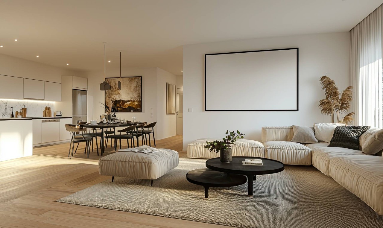  A modern living room, dining room, and kitchen at Sun Catchers near Chattanooga, Tennessee (TN)